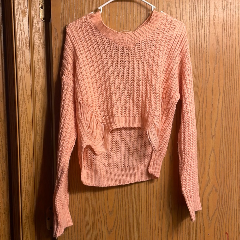 High low pink distressed knitted v-neck sweater